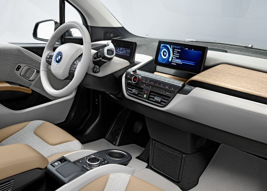The i3 interior uses a variety of sustainable materials, including the eucalyptus wood on ...